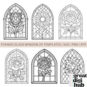 Könnte beinhalten: Eine Sammlung von sechs schwarz-weißen Strichzeichnungen, die florale Motive in bogenförmigen Buntglasfensterrahmen darstellen. Der Text lautet STAINED GLASS WINDOW 20 TEMPLATES | SVG | PNG | EPS und great digi hub in der Ecke.