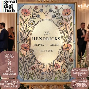Modelo de placa de boas-vindas para casamento com efeito vitral | Editável em Canva, SVG (Download digital)