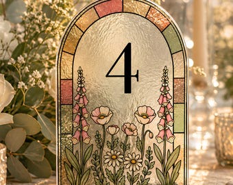 Plantilla de números de mesa de boda con efecto vidriera / Números de mesa florales arqueados del 1 al 30 / Decoración imprimible para la recepción / PDF y SVG