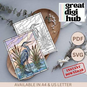 May include: Digital stained glass art print featuring a blue heron in a marsh setting. The image includes a colored version and a black and white outline. The text "great digi hub", "PDF", "SVG", and "INSTANT DOWNLOAD" are also visible.