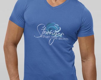Christian Stronger Than Storm V-Neck T-Shirt | Ocean Waves Faith Tee