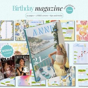 Op de afbeelding: Een magazine cover met de titel "Birthday magazine" en de tekst "79 pagina's + 5 GRATIS covers + tips en trucs". De hoofdpagina toont een vrouw op een balkon met uitzicht op een kustplaats. Andere magazine covers zijn ook zichtbaar.