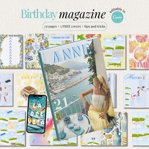Op de afbeelding: Een tijdschrift met de titel "Birthday magazine" met de tekst "ANNE 21" op de cover. Het tijdschrift is omgeven door andere tijdschrifttitels en een smartphone met de tekst "LA DOLCE VITA". De afbeelding bevat de tekst "79 pages + 5 FREE covers + tips and tricks".