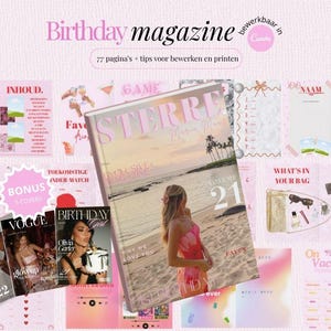 Pode incluir: Uma revista rosa intitulada "Birthday magazine" com o texto "77 pagina's + tips voor bewerken en printen." A revista apresenta uma mulher na capa e várias outras capas de revistas. Vários modelos e gráficos rosa também estão incluídos.