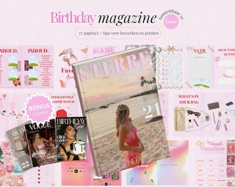 NL Customizable (21 Diner) Magazine Template 'Pink' | Stijlvol Canva Sjabloon | Luxe Verjaardagsboek | Cadeau voor vriendin, zus, collega