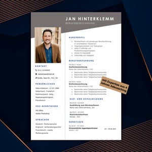 Könnte beinhalten: Ein Lebenslauf auf Deutsch für Jan Hinterklemm, mit einem Foto eines Mannes in einem braunen Blazer. Das Dokument enthält Kontaktinformationen, persönliche Daten und den beruflichen Werdegang. Eine kleine Notiz lautet "mit Expertise aus 4 Jahren Jobcoaching."