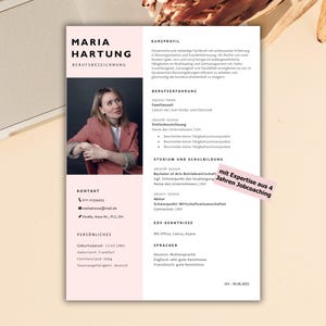 Könnte beinhalten: Eine Lebenslaufvorlage mit einem Foto einer Frau in einem rosa Blazer. Das Dokument hat ein rosa und weißes Farbschema mit Abschnitten für Kontaktinformationen, Ausbildung und Berufserfahrung. Der Text enthält "Maria Hartung" und "mit Expertise aus 4 Jahren Jobcoaching."