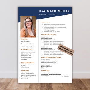 Könnte beinhalten: Ein professionelles Lebenslauf-Template mit einem Foto einer lächelnden Frau. Der Lebenslauf enthält Abschnitte für Kontaktinformationen, persönliche Daten, Berufserfahrung, Ausbildung und Fähigkeiten. Der Text ist auf Deutsch.