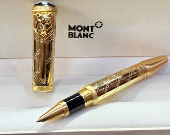 Set regalo con penna roller Montblanc JFK Edition, formato jumbo dorato, ricarica nera.