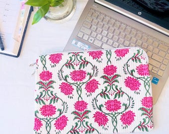 Handmade Laptop Sleeve Bohemian Block Print Macbook Cover, Laptop Case, ipad Pouch Bag, Tablet Protector, Cotton Quilted Laptop Sleeves