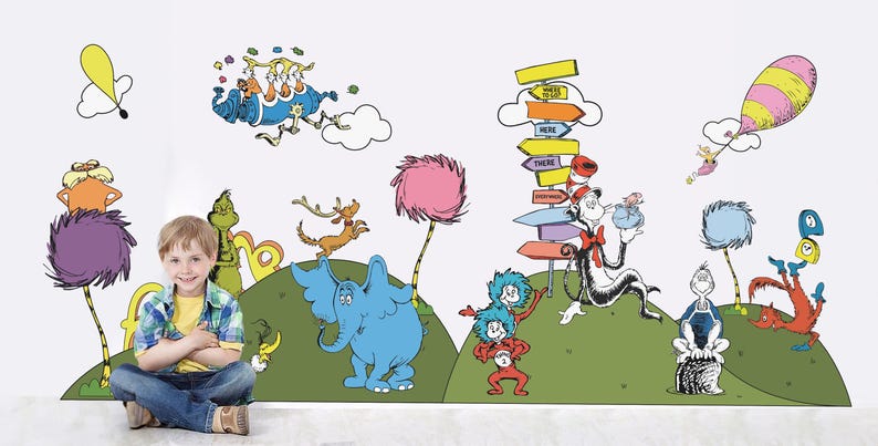 Classic Comic Dr Seuss Wall Decal Wall Sticker Cat in the Hat Wall Art ...
