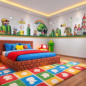 Pixel 2D Super Mario Wall Decal Princess Peach Wall Sticker Luigi Wall Mural Bowser video game Wall Art For Nursery Room Boy Room Decor