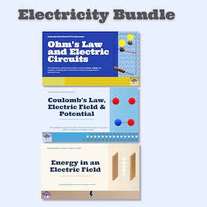 Könnte beinhalten: Ein Bildungspaket mit dem Titel "Electricity Bundle" mit drei Präsentationen. Die erste Präsentation befasst sich mit dem Ohmschen Gesetz und elektrischen Schaltkreisen, die zweite mit dem Coulombschen Gesetz, dem elektrischen Feld und dem Potenzial und die dritte mit der Energie in einem elektrischen Feld.