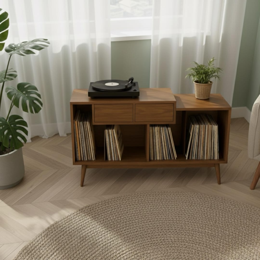 Mid Century Modern Record Player Stand With Drawers and Vinyl Storage ...