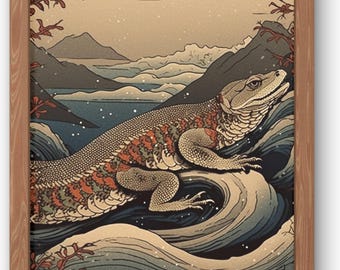Impresión de lagarto - Arte mural de lagarto - Póster de animales - Arte colorido - Estilo artístico japonés - Póster de lagarto - Obra de arte de mascotas - Impresión colorida - Arte mural