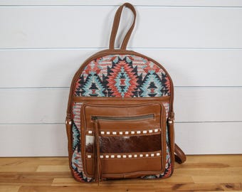 Southwestern Backpack Women's Backpack Purse Brown Leather Authentic Cowhide Detail