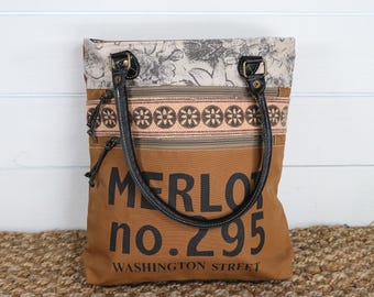 Vintage Inspired Merlot Upcycled Canvas Tote Bag with Black Leather Shoulder Straps