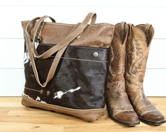 Cowhide Tote Bag Western Leather Cowhide Shoulder Tote Bag Brown Leather