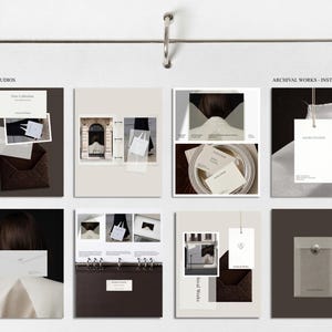 Puede incluir: Una colección de maquetas de productos y artículos de papelería, que incluyen tarjetas de visita, sobres y etiquetas. Los diseños presentan tonos neutros, con el texto "NOVEA STUDIOS" y "ARCHIVAL WORKS - INSTAGRAM KIT". Los artículos están dispuestos sobre un fondo blanco.