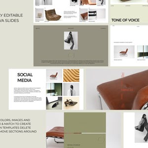May include: A digital presentation template with a neutral color palette. The design includes various slides with text and images, including the phrases "32 Fully Editable Canva Slides", "Social Media", and "Meet the Founder".