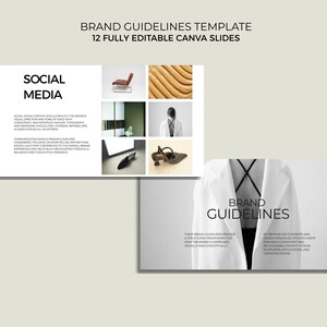 May include: A digital presentation template with the title "Brand Guidelines Template" and the text "12 Fully Editable Canva Slides." The presentation includes images and text about social media and brand guidelines.