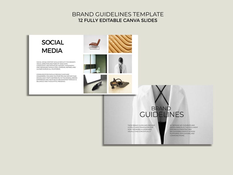 May include: A digital presentation template with the title "Brand Guidelines Template" and the text "12 Fully Editable Canva Slides." The presentation includes images and text about social media and brand guidelines.