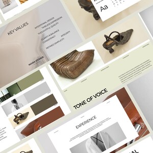 May include: A collage of design elements, including a leather chair, a shoe, and color swatches in neutral tones. Text includes "Key Values", "Tone of Voice", and "Experience". The color palette features earthy tones.