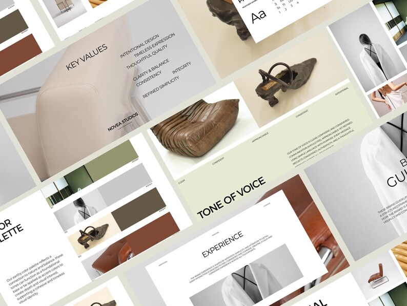 May include: A collage of design elements, including a leather chair, a shoe, and color swatches in neutral tones. Text includes "Key Values", "Tone of Voice", and "Experience". The color palette features earthy tones.