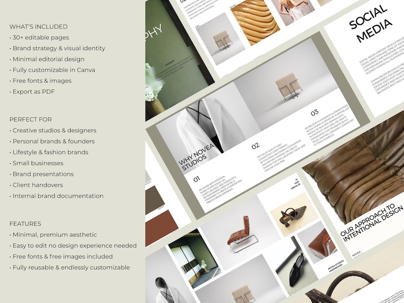May include: A presentation template with a minimalist design, featuring text and images. The template includes editable pages, brand strategy, and free fonts. The text includes "WHY NOVEA STUDIOS" and "SOCIAL MEDIA".