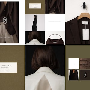 May include: A collage of images featuring a brown blazer, a black dress, and a handbag. The brand name "NOVEA STUDIOS" is visible on labels and in a logo. The overall aesthetic is minimalist and sophisticated, with a focus on fashion.