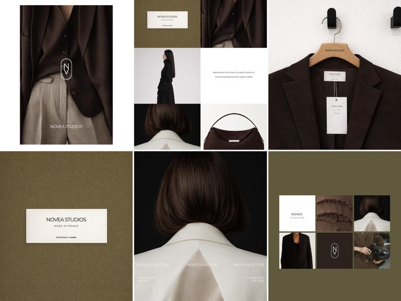 May include: A collage of images featuring a brown blazer, a black dress, and a handbag. The brand name "NOVEA STUDIOS" is visible on labels and in a logo. The overall aesthetic is minimalist and sophisticated, with a focus on fashion.