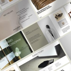 May include: A collection of design and branding materials, including brochures and product images. The brochures feature text such as "Key Values", "Brand Philosophy", and "Directory". The color palette is neutral with shades of beige, white, and green.
