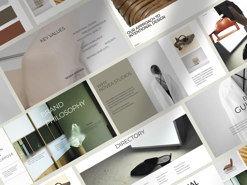May include: A collection of design and branding materials, including brochures and product images. The brochures feature text such as "Key Values", "Brand Philosophy", and "Directory". The color palette is neutral with shades of beige, white, and green.