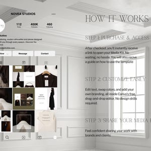 May include: Instagram page showcasing Novea Studios, featuring a grid of fashion images and text. The page highlights the brand's focus on timeless tailoring and modern silhouettes. Instructions on how to use the media kit are also displayed.