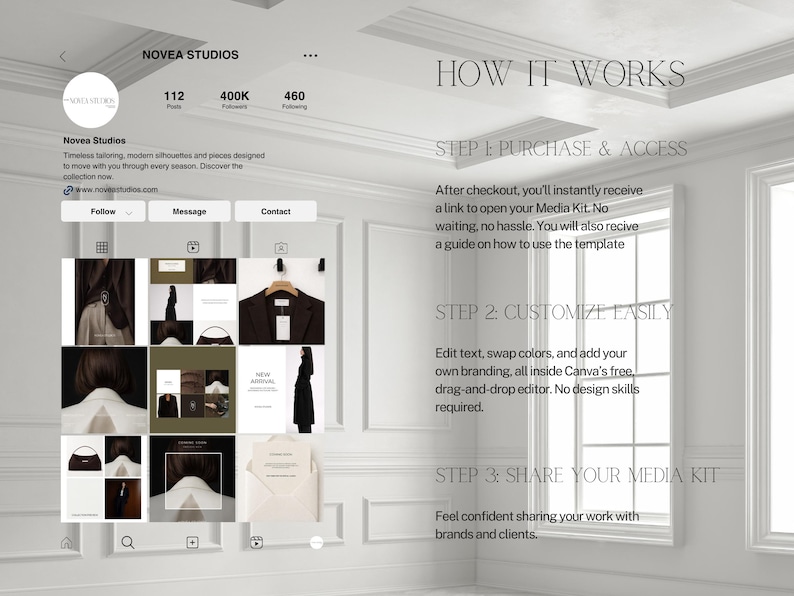 May include: Instagram page showcasing Novea Studios, featuring a grid of fashion images and text. The page highlights the brand's focus on timeless tailoring and modern silhouettes. Instructions on how to use the media kit are also displayed.