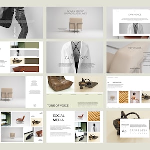 May include: A collection of design presentation slides with text and images. The slides include the words "Brand Guidelines", "Color Palette", "Tone of Voice", and "Social Media". The color palette features shades of brown, green, and beige.