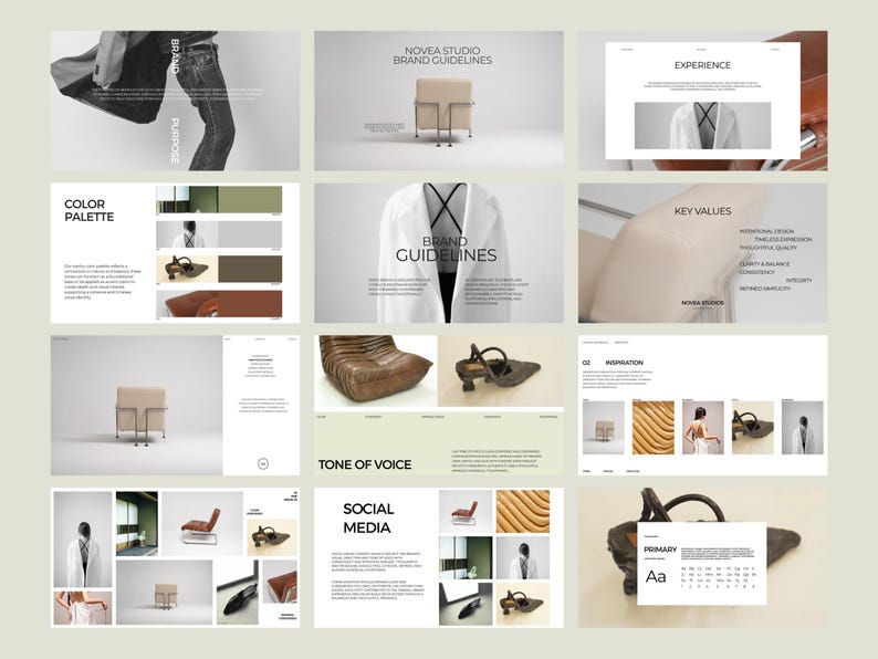 May include: A collection of design presentation slides with text and images. The slides include the words "Brand Guidelines", "Color Palette", "Tone of Voice", and "Social Media". The color palette features shades of brown, green, and beige.