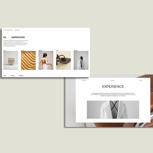 May include: Two white web pages with text and images are displayed. The top page has the word "INSPIRATION" and the number "02". The bottom page has the word "EXPERIENCE". The pages are on a light beige background.