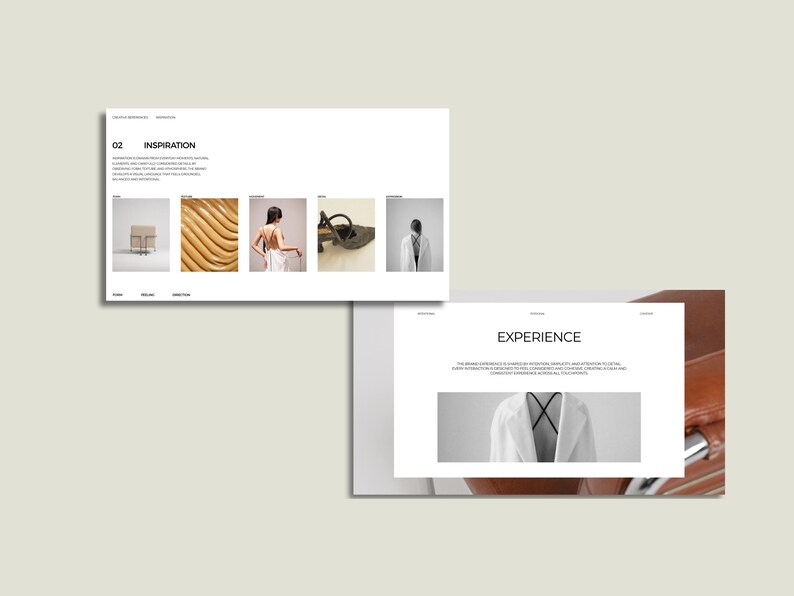May include: Two white web pages with text and images are displayed. The top page has the word "INSPIRATION" and the number "02". The bottom page has the word "EXPERIENCE". The pages are on a light beige background.