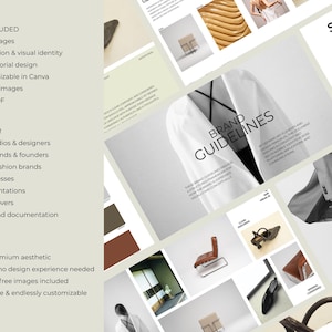 May include: A collection of digital brand guideline templates with a minimalist design. The templates include 12 editable pages, brand direction, visual identity, and free fonts and images. The text on the image says "Brand Guidelines" and "Social Media".