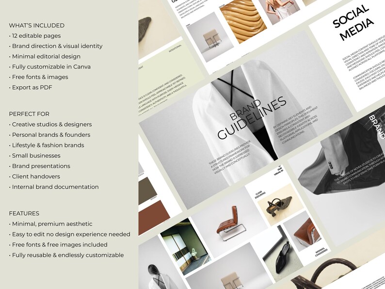 May include: A collection of digital brand guideline templates with a minimalist design. The templates include 12 editable pages, brand direction, visual identity, and free fonts and images. The text on the image says "Brand Guidelines" and "Social Media".