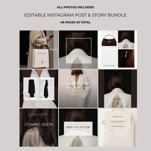 May include: A grid of images showcasing a fashion-themed Instagram post and story bundle. The images feature a variety of outfits, including a white suit, a black coat, and a handbag. Text includes "ALL PHOTOS INCLUDED", "EDITABLE INSTAGRAM POST & STORY BUNDLE", and "48 PAGES IN TOTAL".