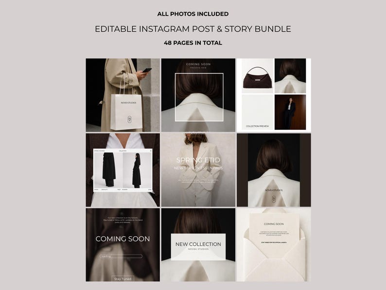 May include: A grid of images showcasing a fashion-themed Instagram post and story bundle. The images feature a variety of outfits, including a white suit, a black coat, and a handbag. Text includes "ALL PHOTOS INCLUDED", "EDITABLE INSTAGRAM POST & STORY BUNDLE", and "48 PAGES IN TOTAL".