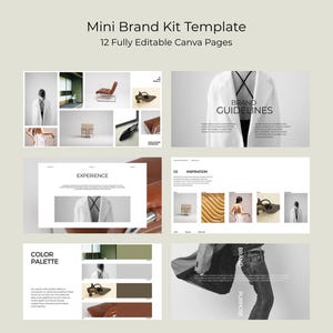 Könnte beinhalten: Eine digitale Vorlage mit dem Titel "Mini Brand Kit Template" mit 12 bearbeitbaren Canva-Seiten. Das Bild zeigt Designelemente, darunter ein weißer Blazer, ein brauner Stuhl und eine Farbpalette, mit den Worten "BRAND GUIDELINES" und "PURPOSE".