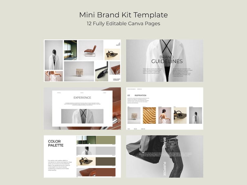 May include: A digital template titled "Mini Brand Kit Template" with 12 editable Canva pages. The image showcases design elements, including a white blazer, a brown chair, and a color palette, with the words "BRAND GUIDELINES" and "PURPOSE".