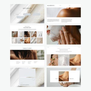 May include: A series of website design mockups with a minimalist aesthetic. The layouts feature images of skincare products and body care, with text overlays such as "Key Values", "Manifesto", and "Visual Identity". The colour palette is neutral with white and beige tones.