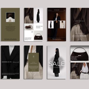 May include: A collection of fashion-focused Instagram story templates. The templates feature images of clothing, accessories, and models. The color palette includes black, white, and olive green. Text includes "NOVEA STUDIOS", "SALE", and "NEW ARRIVALS".