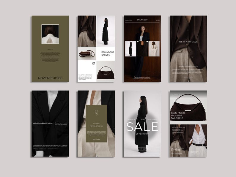 May include: A collection of fashion-focused Instagram story templates. The templates feature images of clothing, accessories, and models. The color palette includes black, white, and olive green. Text includes "NOVEA STUDIOS", "SALE", and "NEW ARRIVALS".