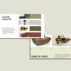 May include: A presentation board with the words "COLOR PALETTE" and "TONE OF VOICE". The color palette includes shades of green, gray, brown, and red. The image also shows a brown leather shoe and a brown leather chair.