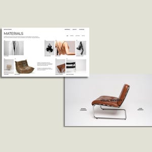 May include: A modern brown leather chair with a chrome frame. The chair is angled to the right against a white background. The text "VISUAL IDENTITY" is printed on the chair.
